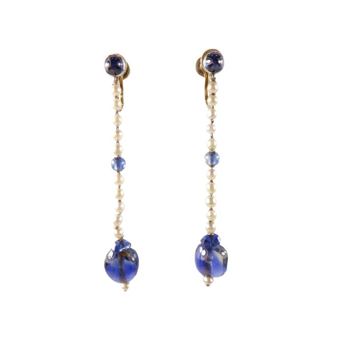   Cartier - Pair of sapphire bead and pearl pendant earrings | MasterArt